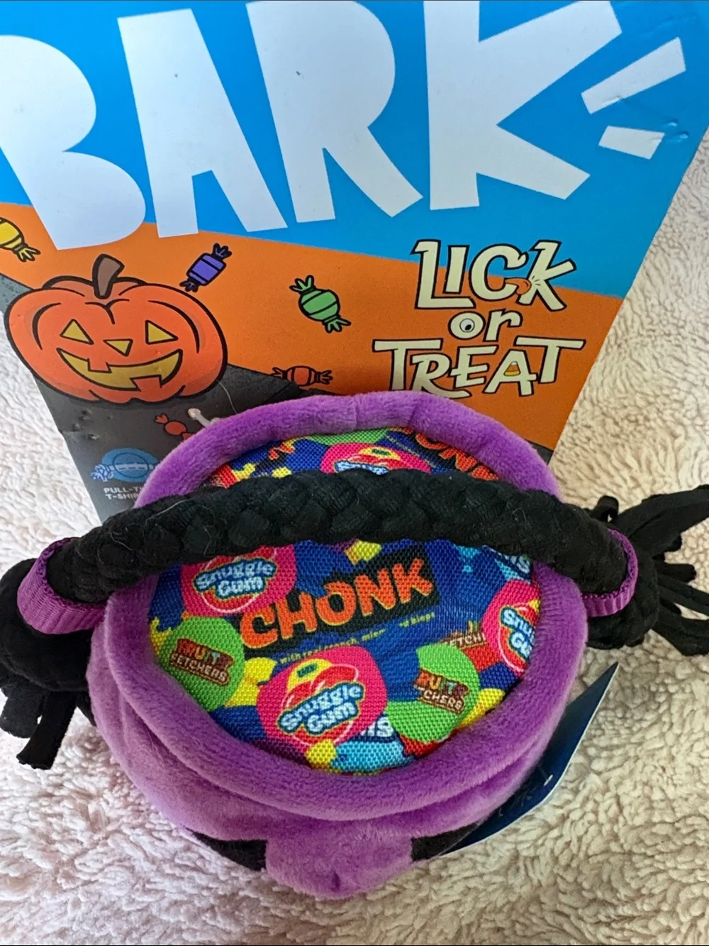 BARK Purple Plush Jack-O'-Lantern Squeaker Treat Bag with Black Handle